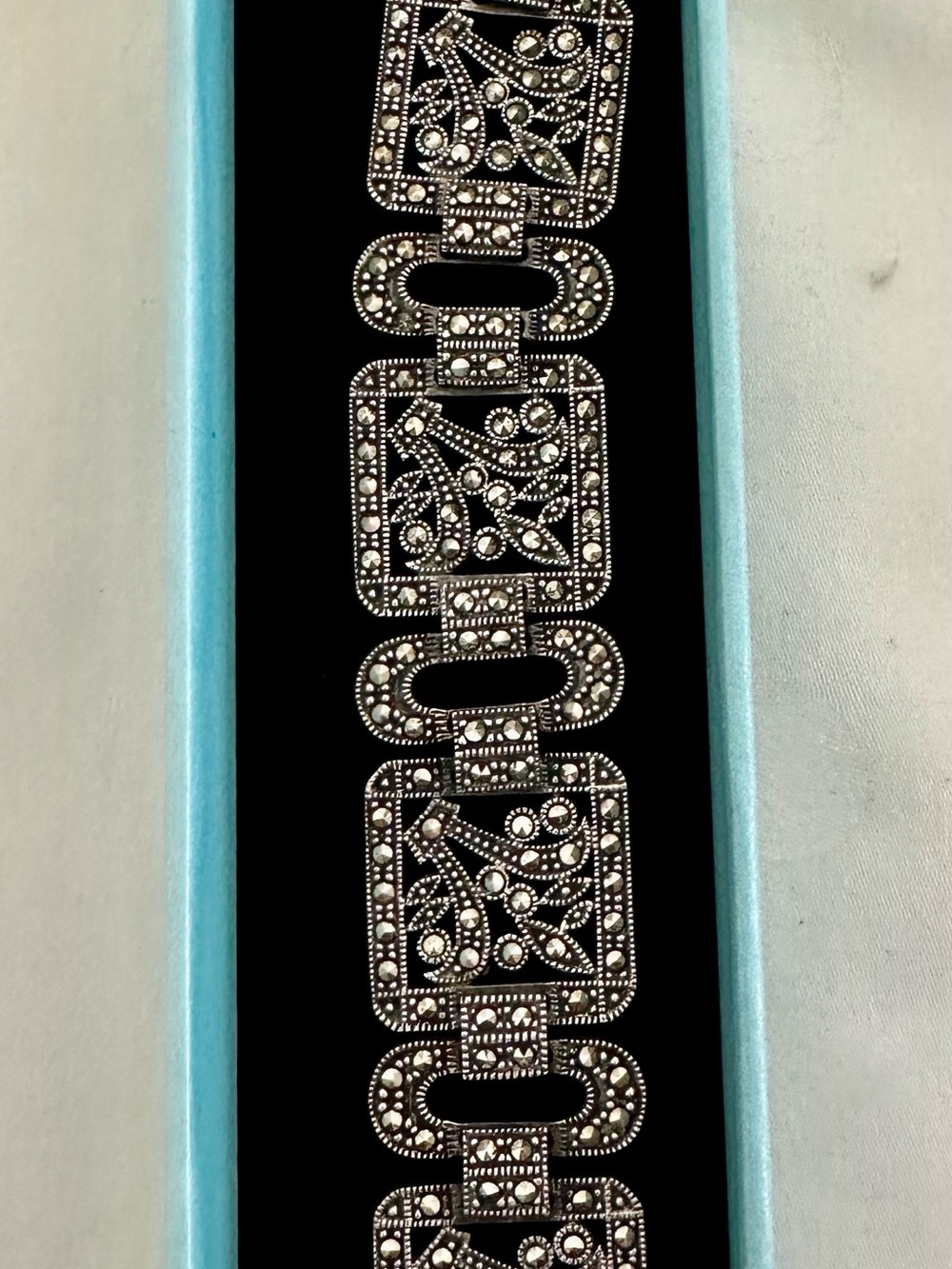 Vintage-Inspired Silver Marcasite Wide Link 7 inch Bracelet